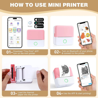 Portable Thermal Mini Printer with Bluetooth Connectivity and Wireless Label Printing Capability